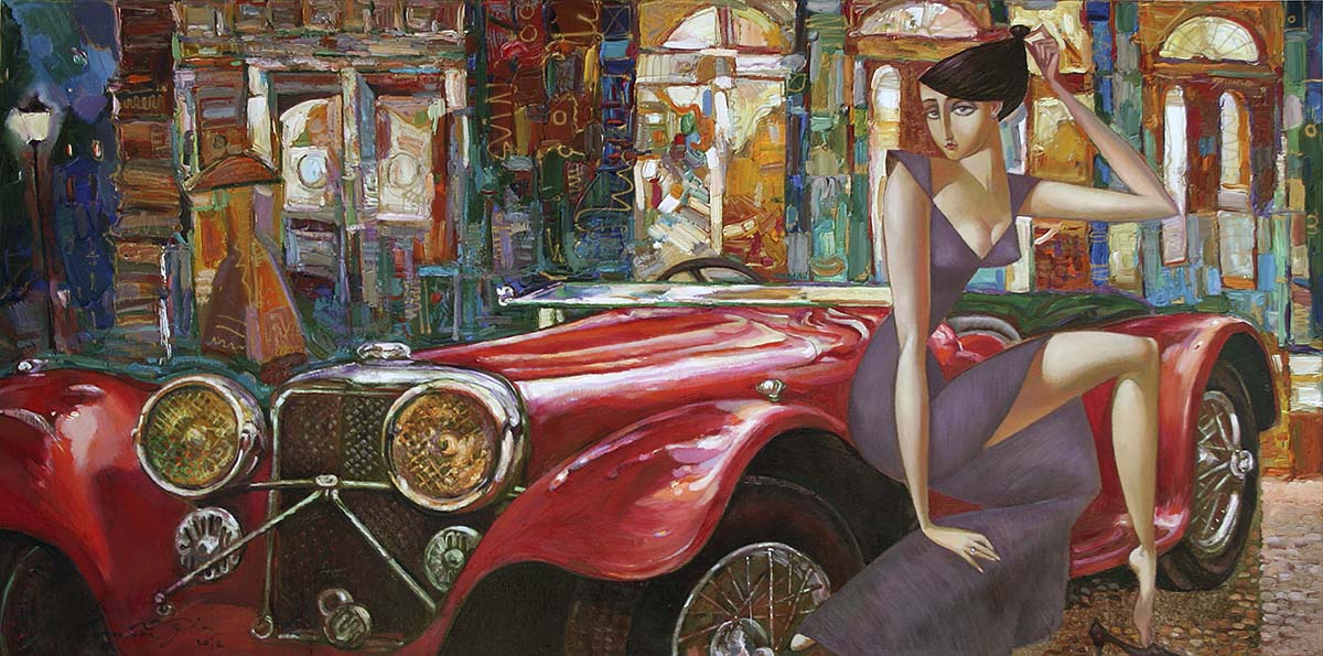 A painting of a woman sitting on a red car