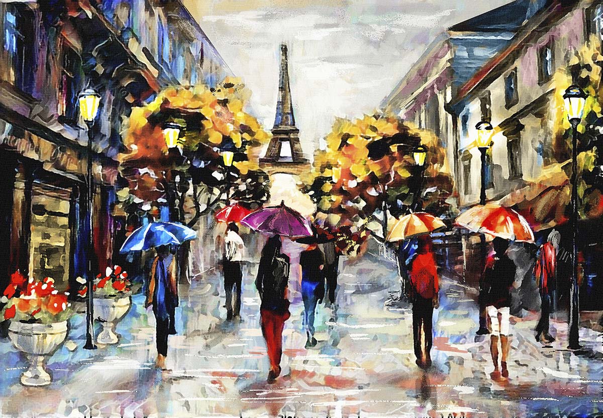 A painting of people walking with umbrellas
