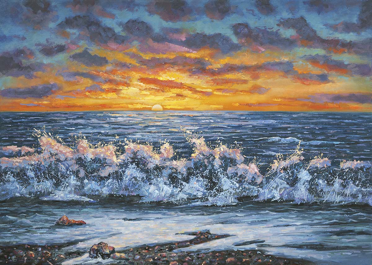 A painting of waves crashing on a beach