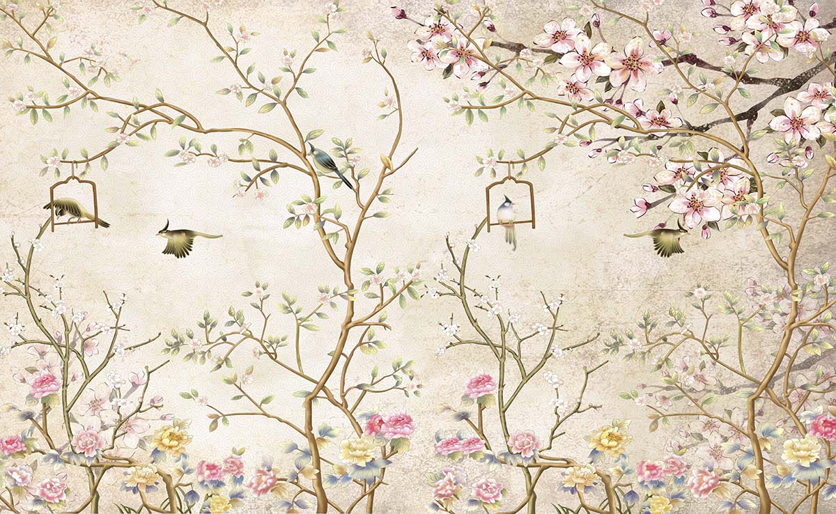 A wallpaper with birds and flowers
