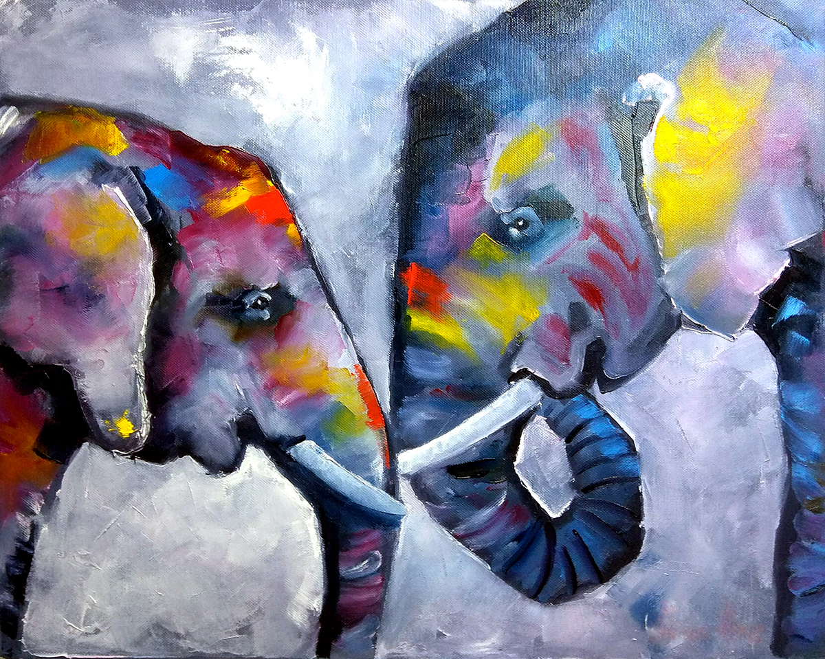 A painting of elephants with colorful paint