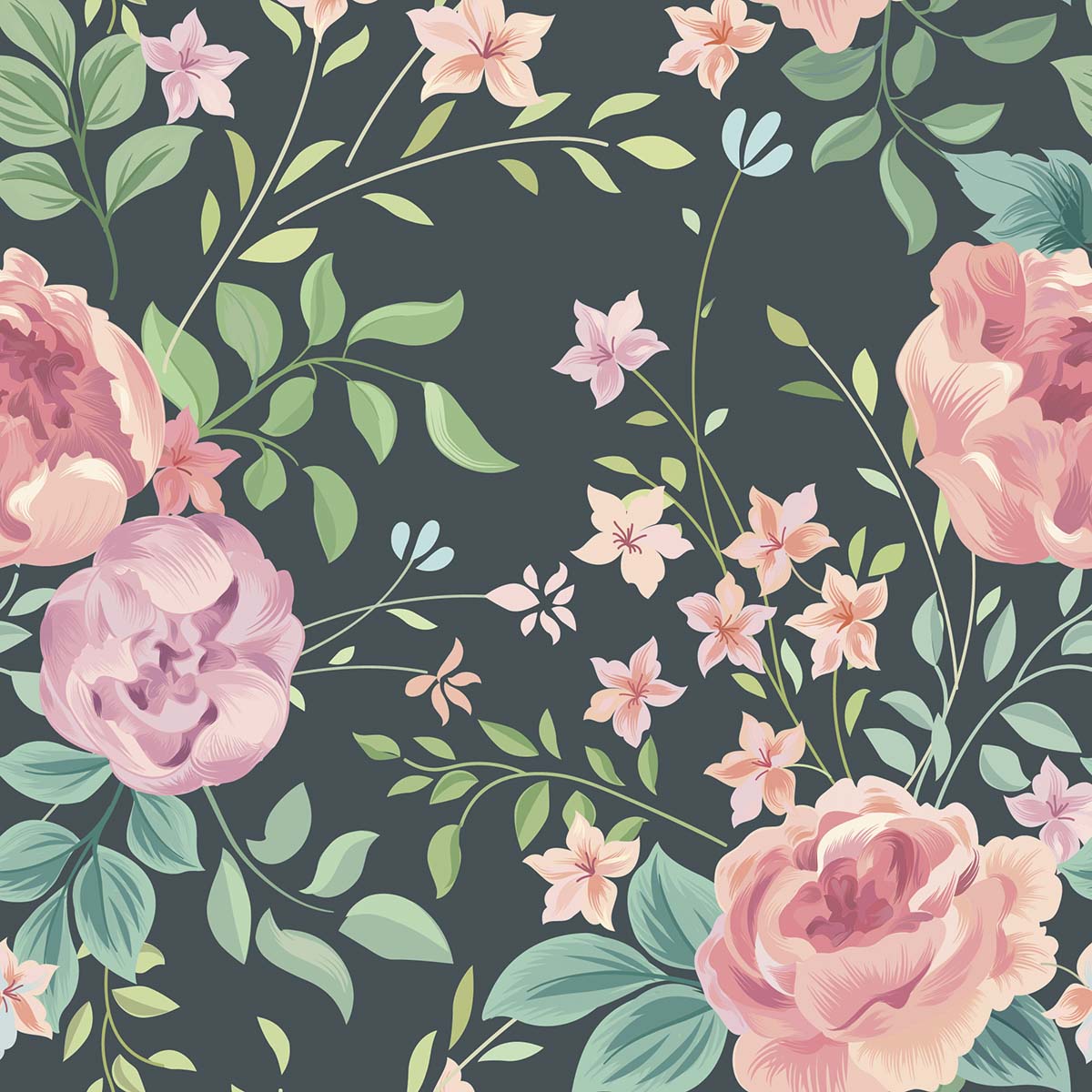 A floral pattern with pink flowers and green leaves