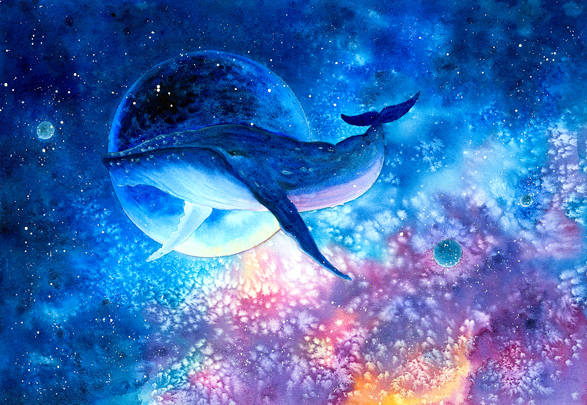 A whale in space with a planet