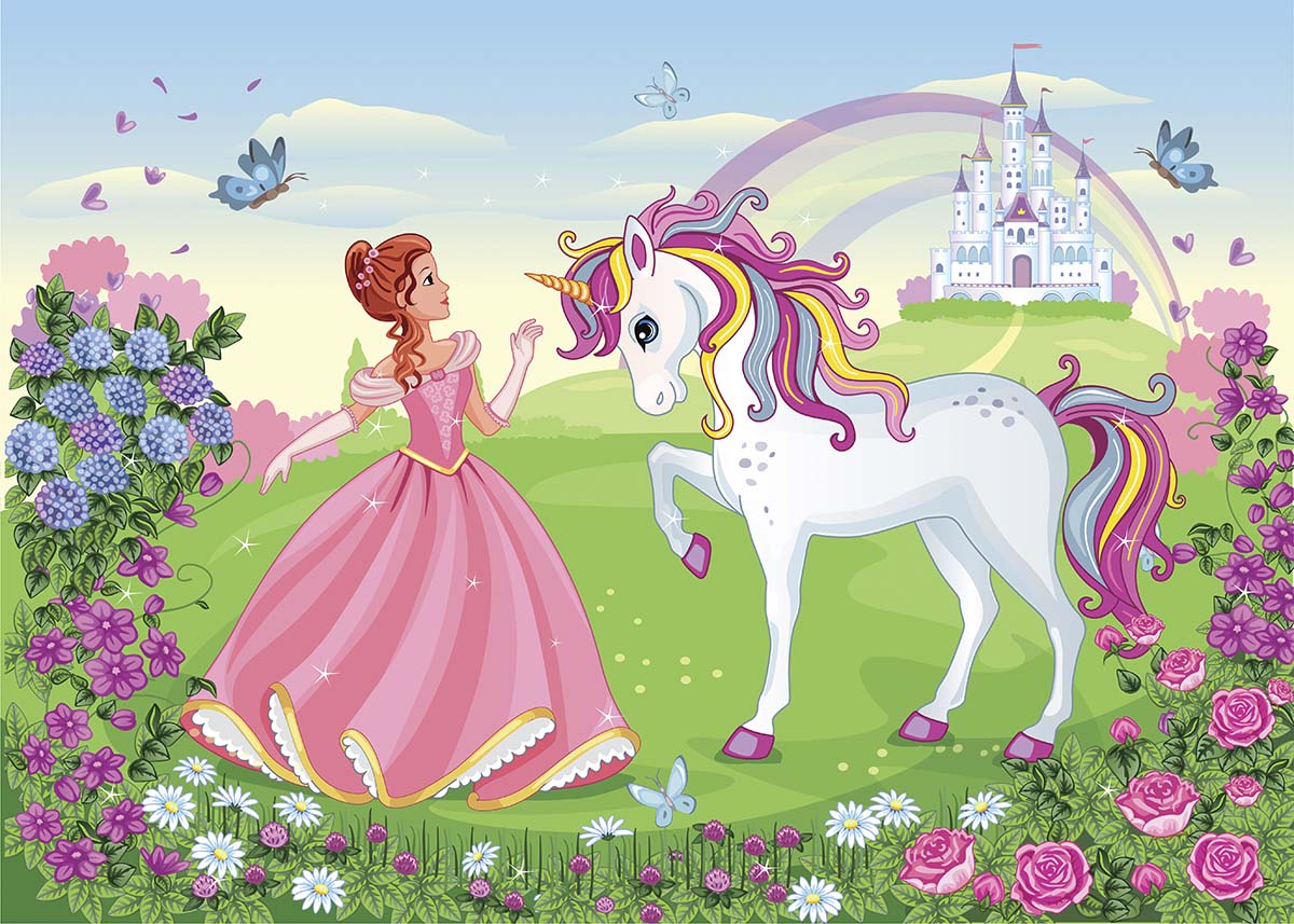 A cartoon of a princess and a unicorn