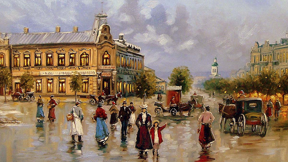 A painting of people walking on a street