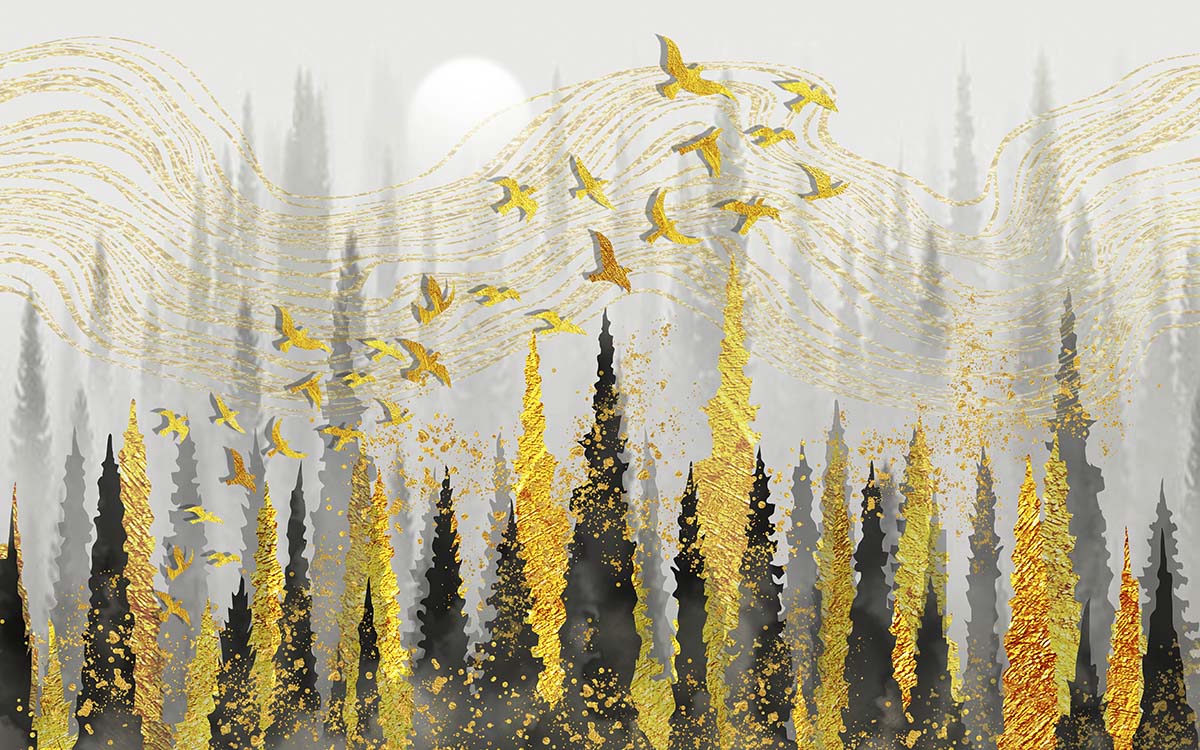A group of birds flying in the sky over trees