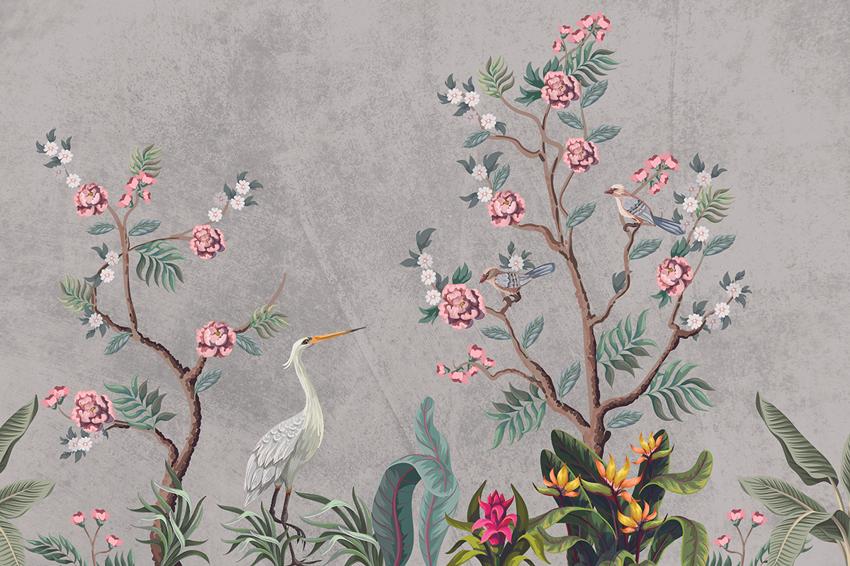 A wallpaper with birds and flowers