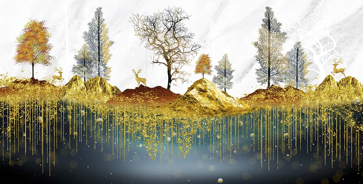 A gold and gold landscape with trees and mountains