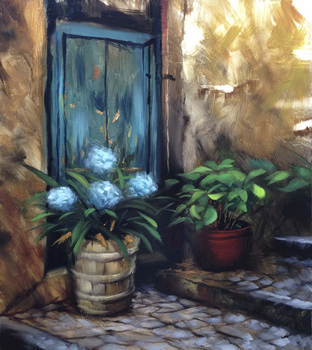 A painting of flowers in pots next to a door