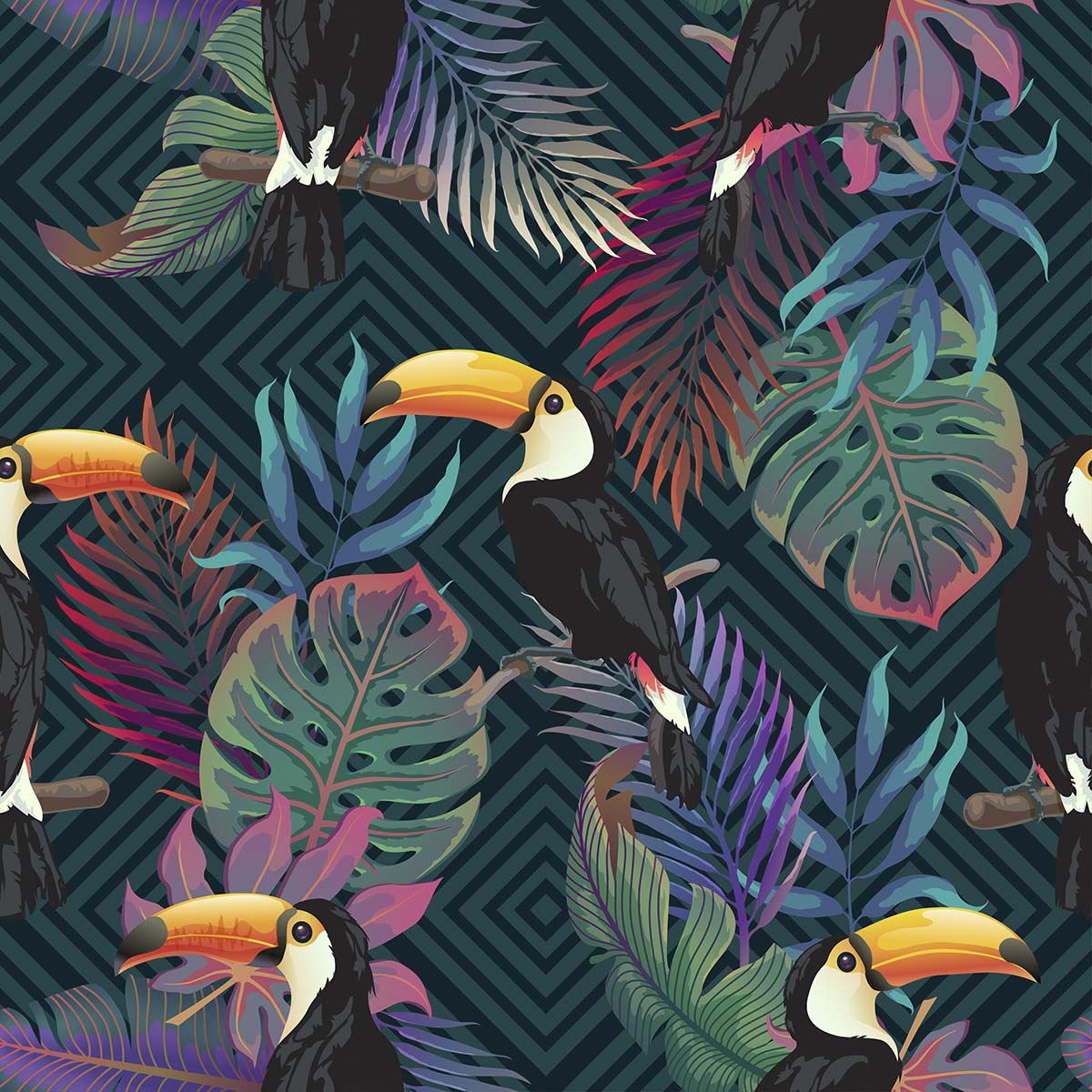 A pattern of birds and leaves