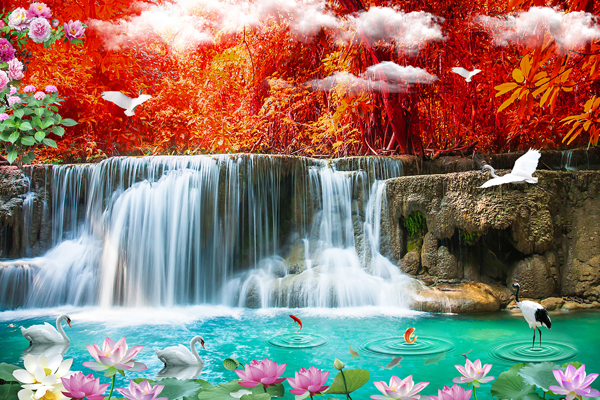 A waterfall with birds and flowers