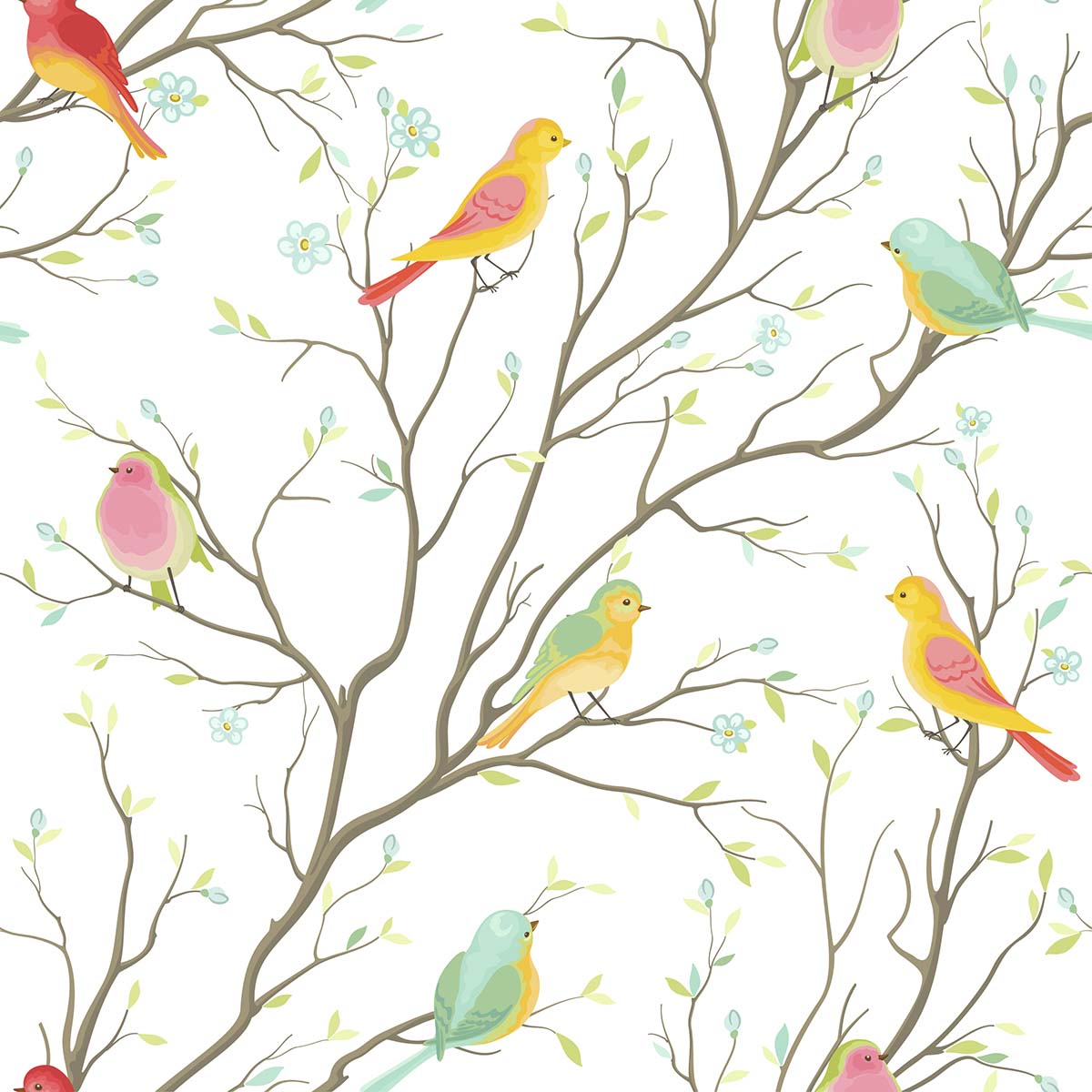 A pattern of colorful birds on a tree branch