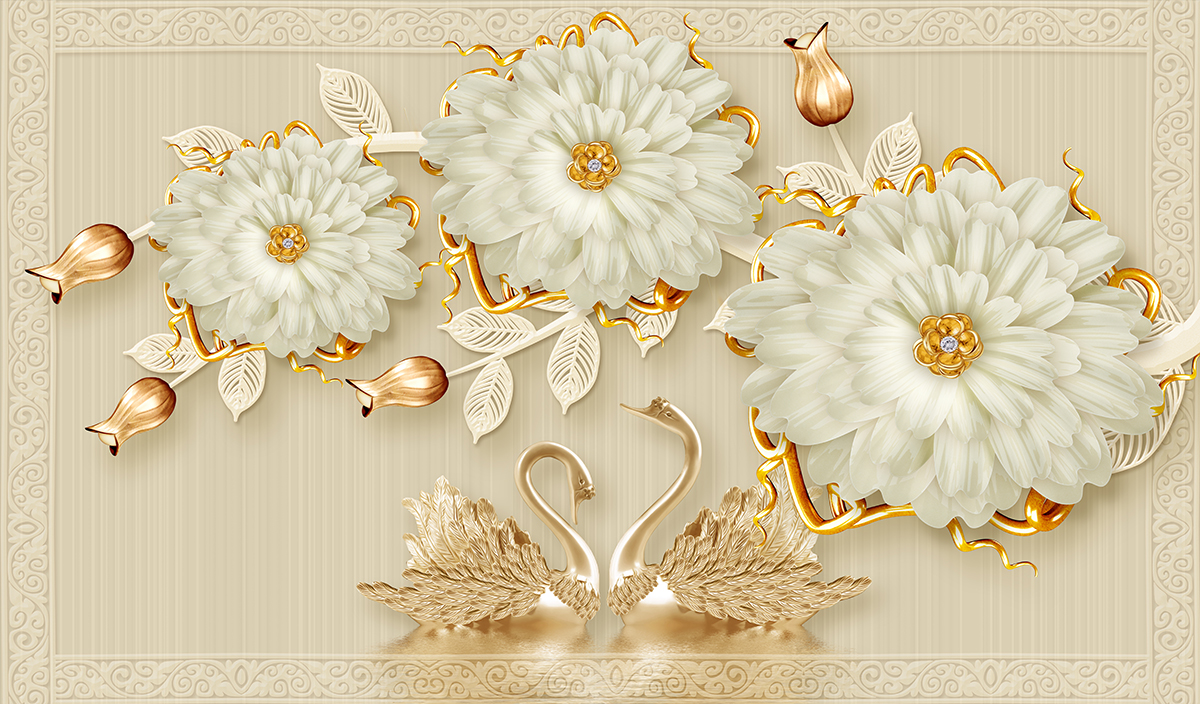 A wallpaper with flowers and swans