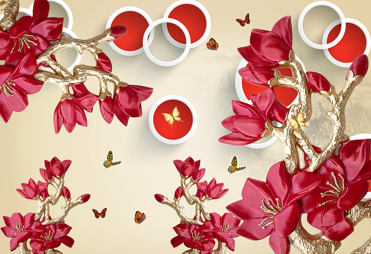 A wallpaper with red flowers and cups