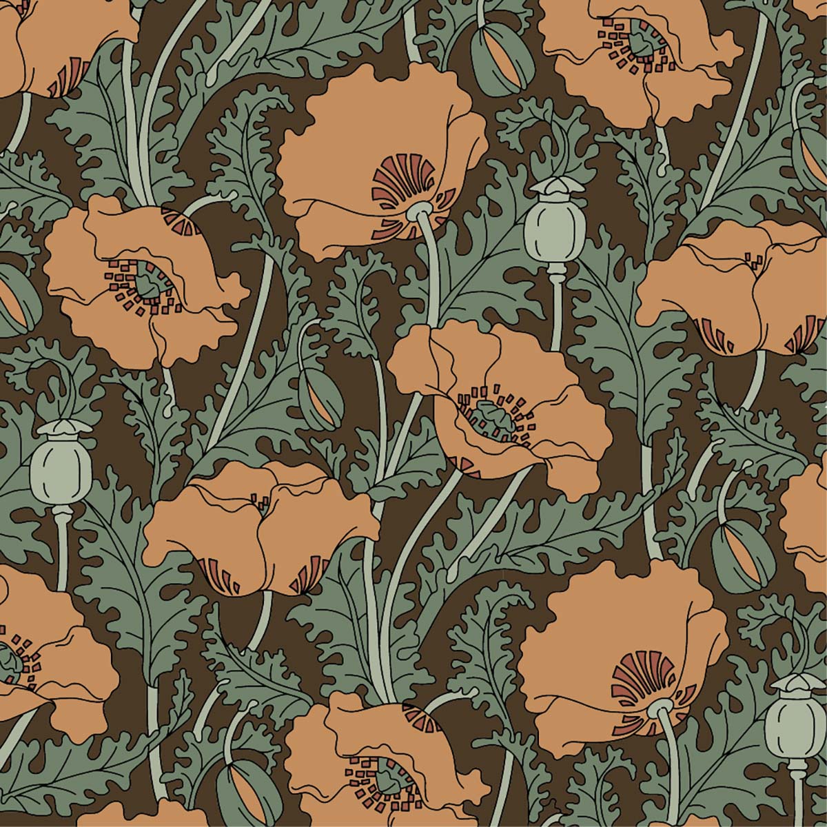 A pattern of orange flowers and green leaves