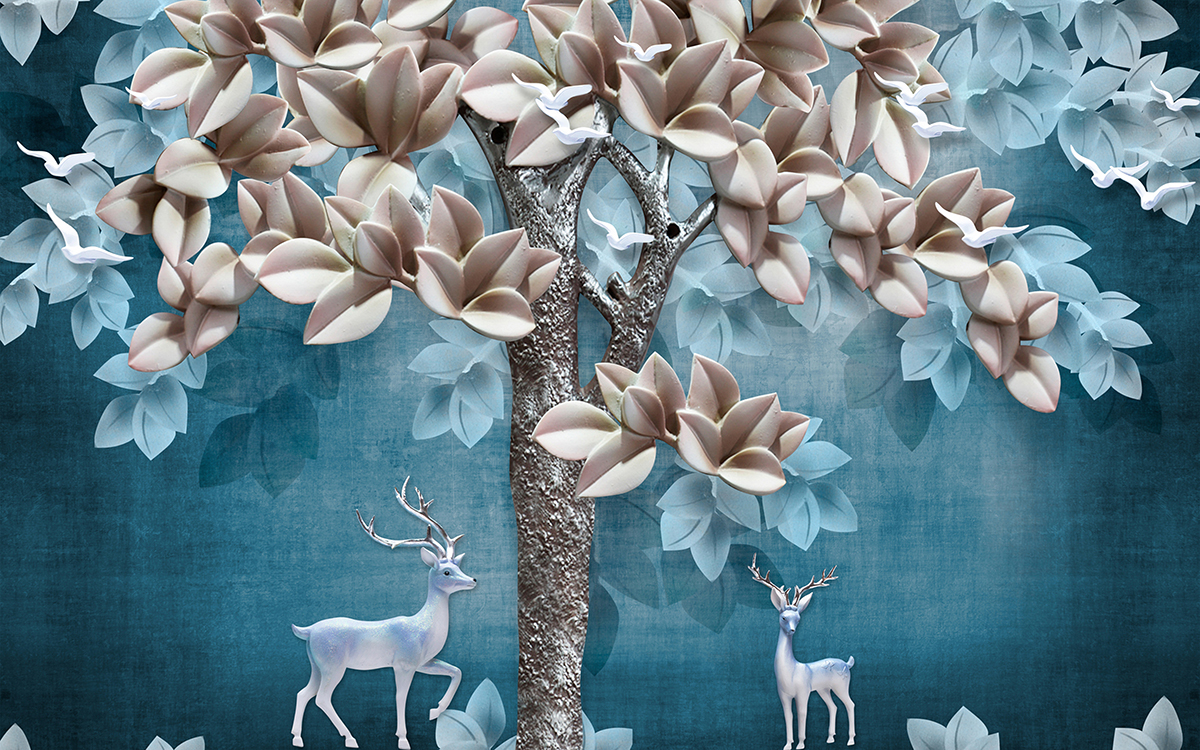 A tree with flowers and deer