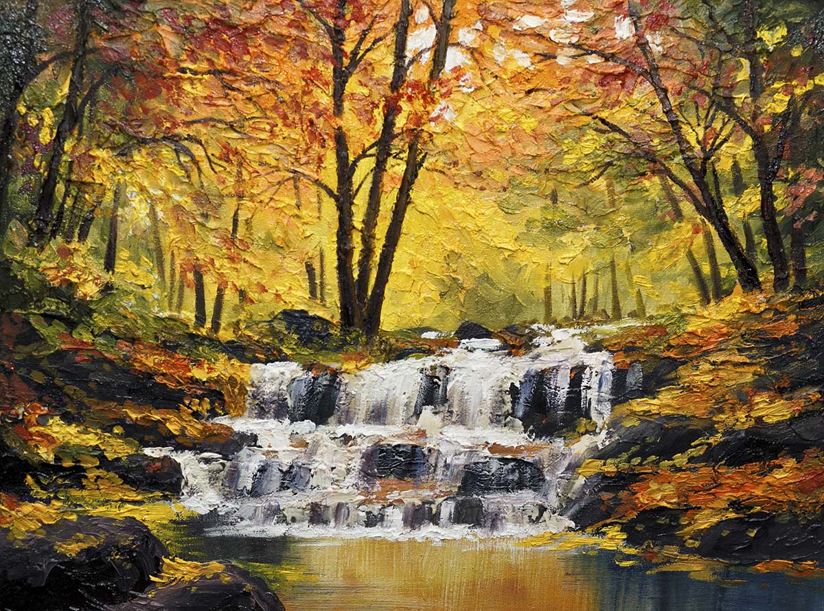 A painting of a waterfall in a forest