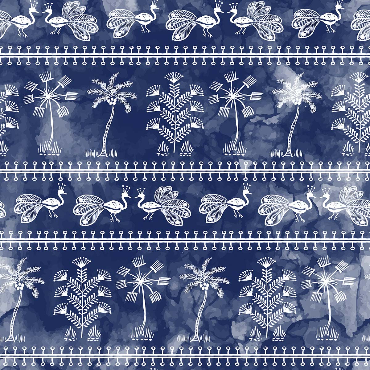 A blue and white pattern with birds and trees