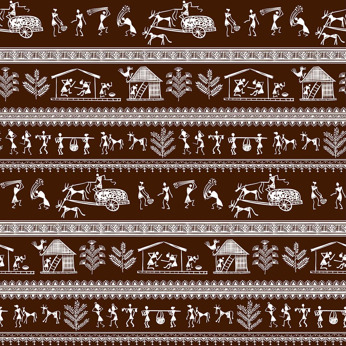 A brown and white pattern with people and animals