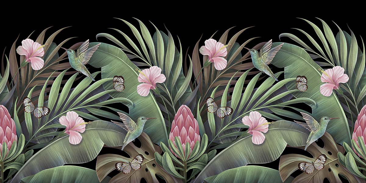 A painting of a tropical plant with flowers and birds