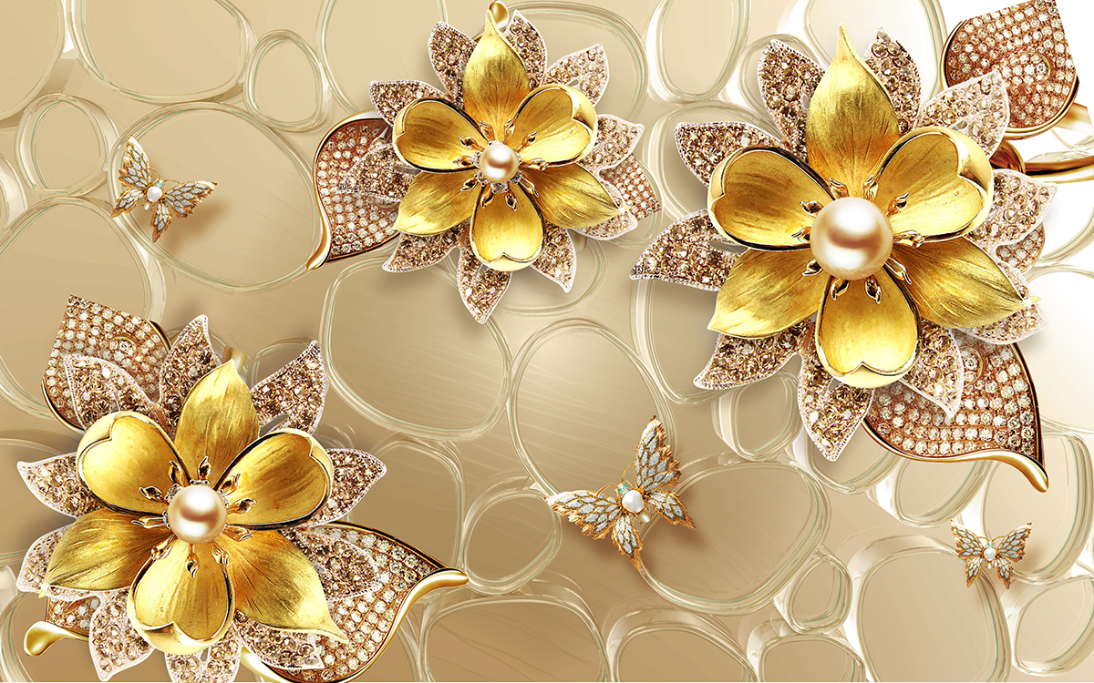 A group of gold flowers with diamonds and pearls