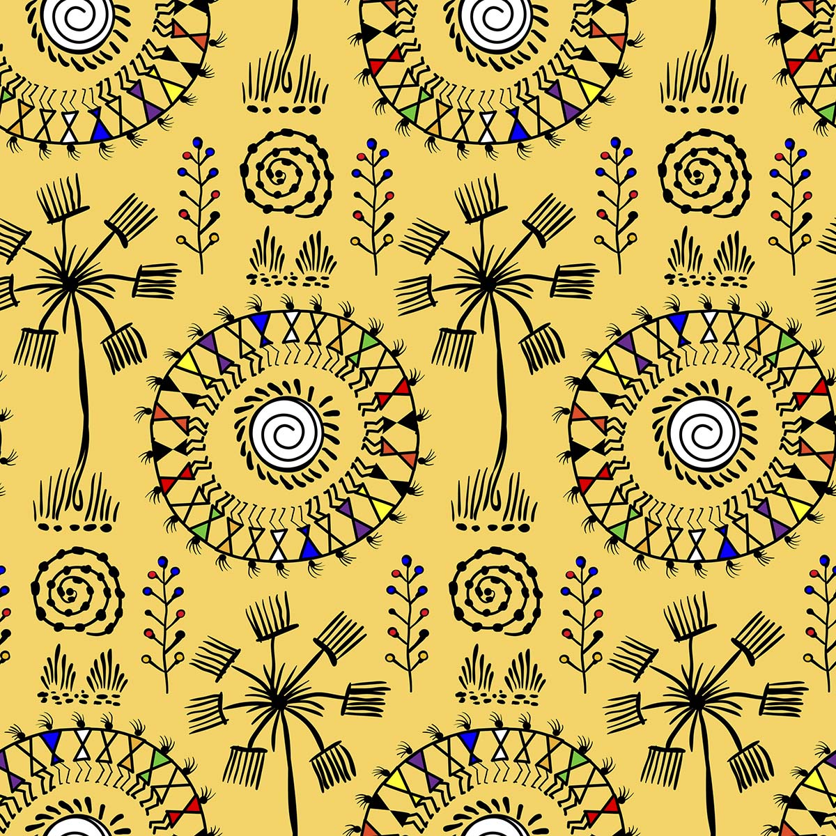 A pattern of black and yellow flowers and spirals
