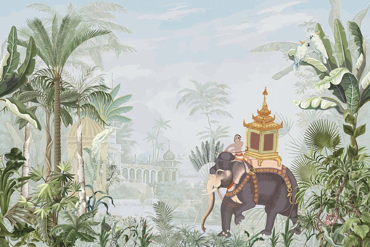 A painting of a man riding an elephant in a jungle