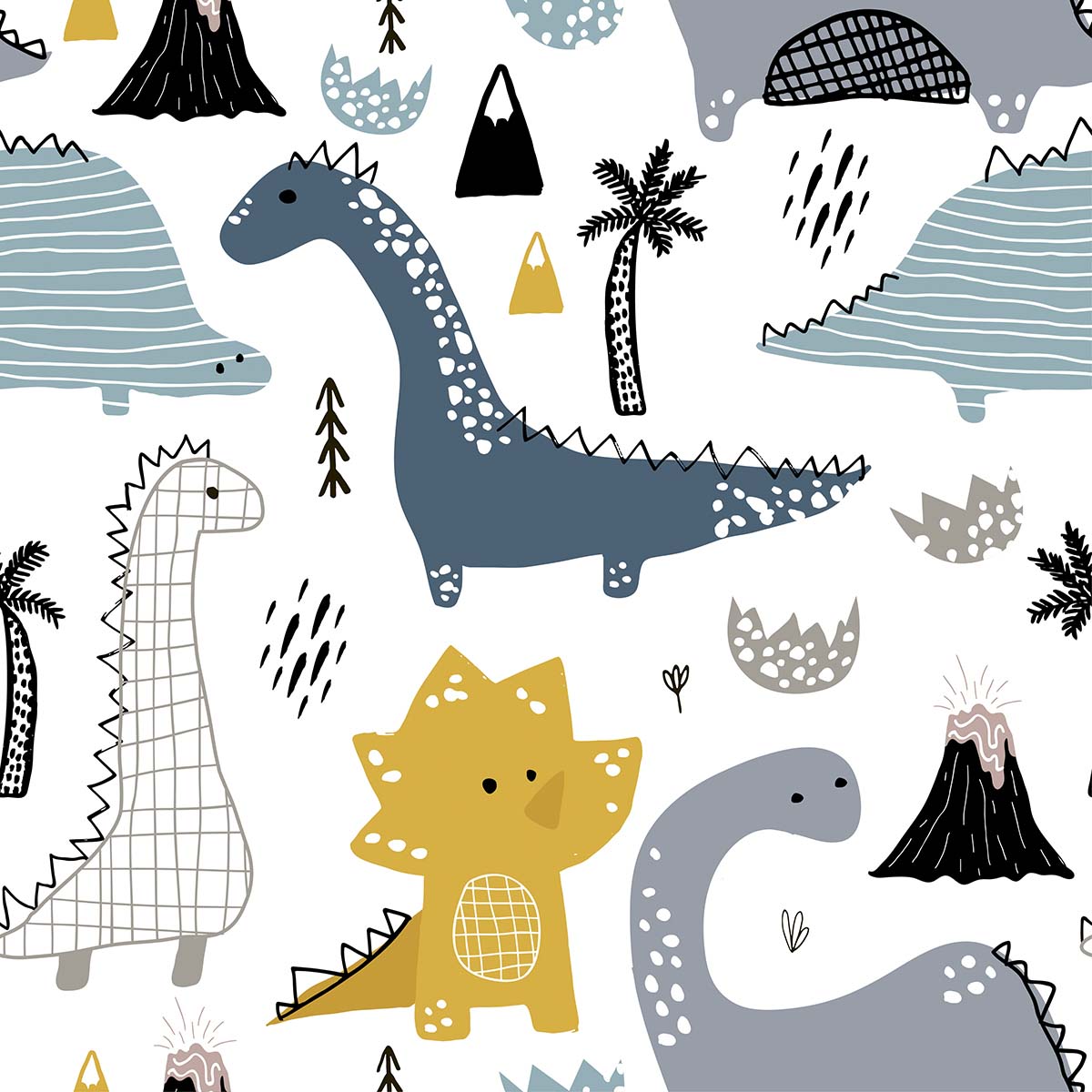 A pattern of dinosaurs and palm trees