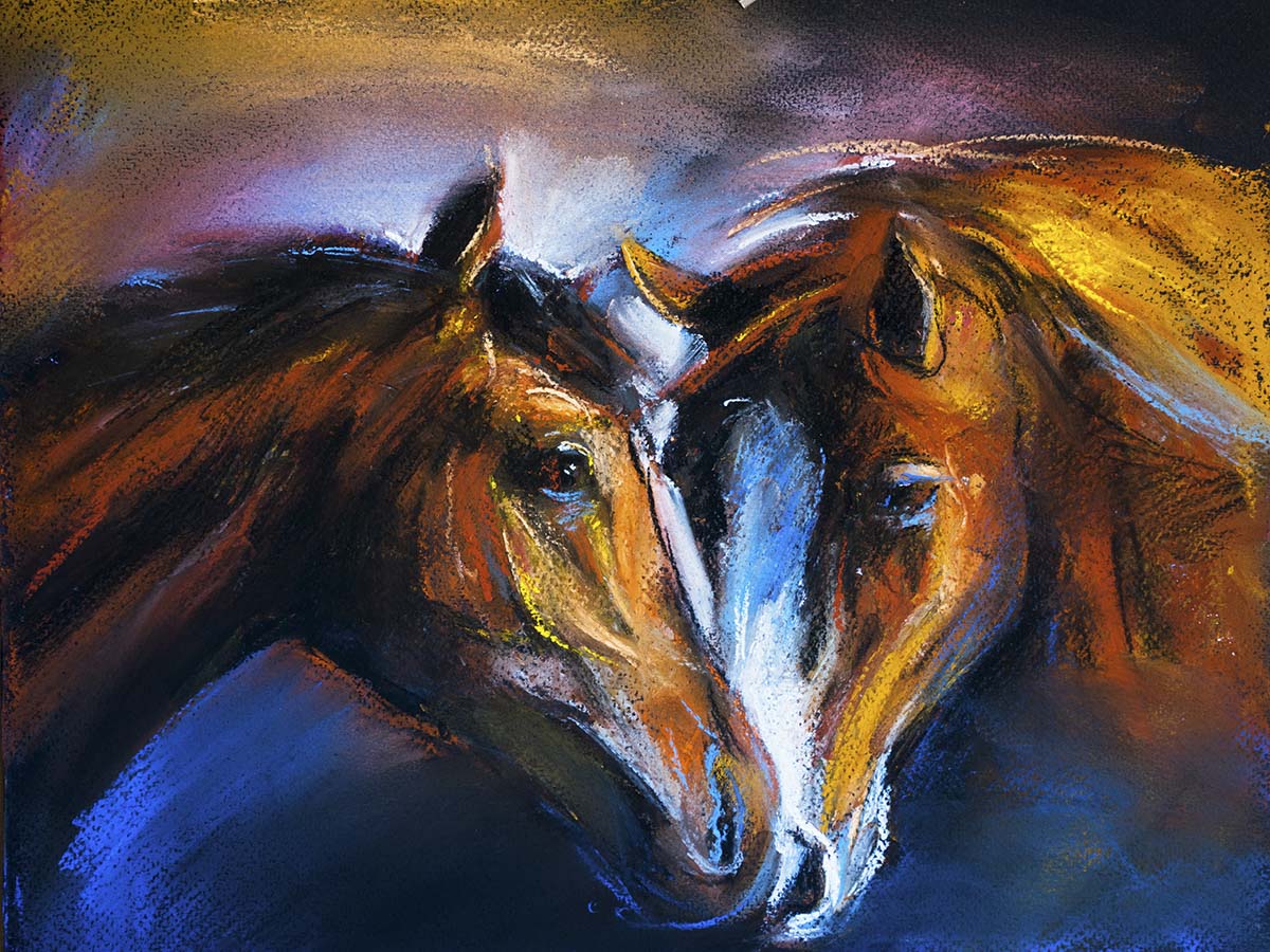A drawing of two horses