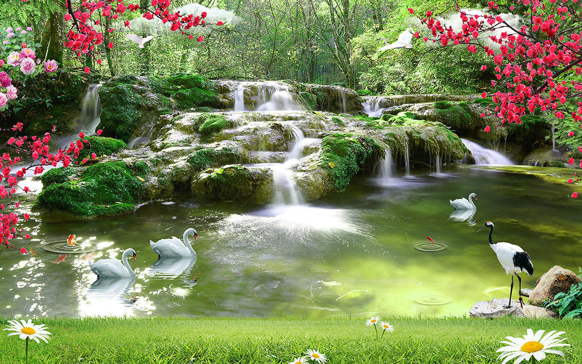A waterfall with white swans in it