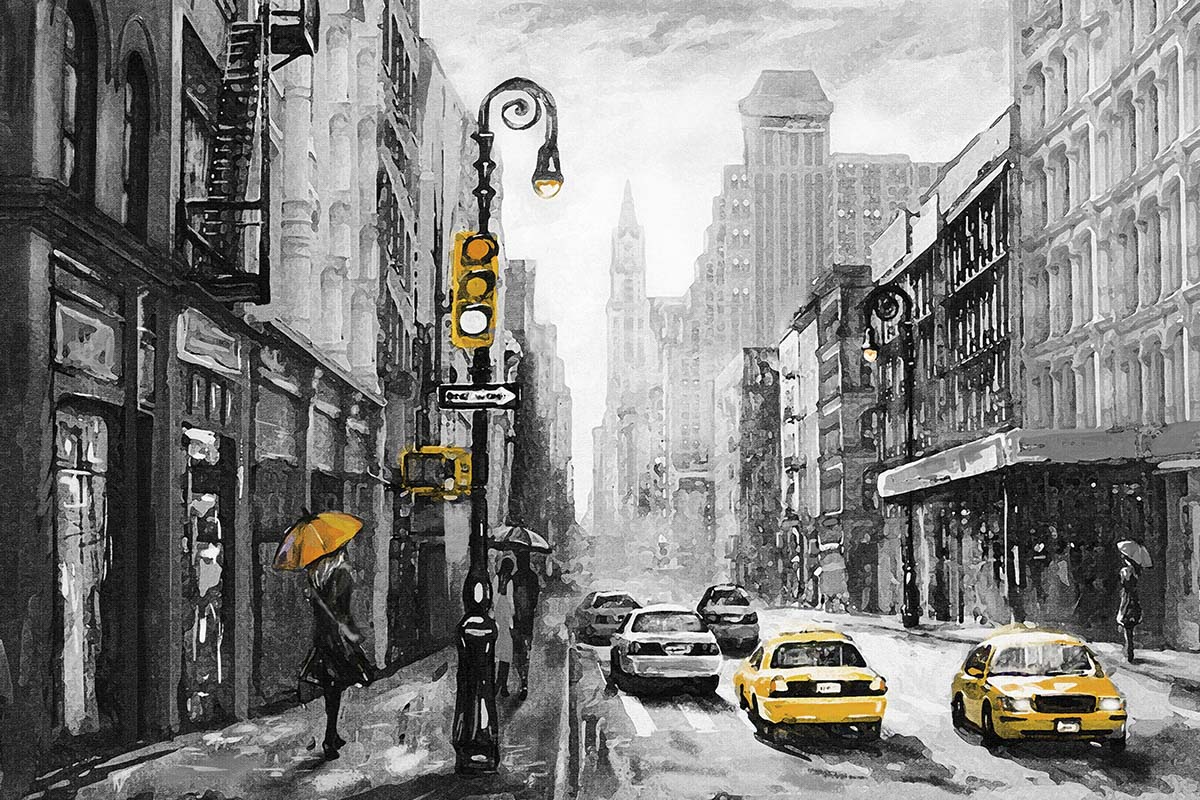 A woman walking down a street with yellow taxi cabs