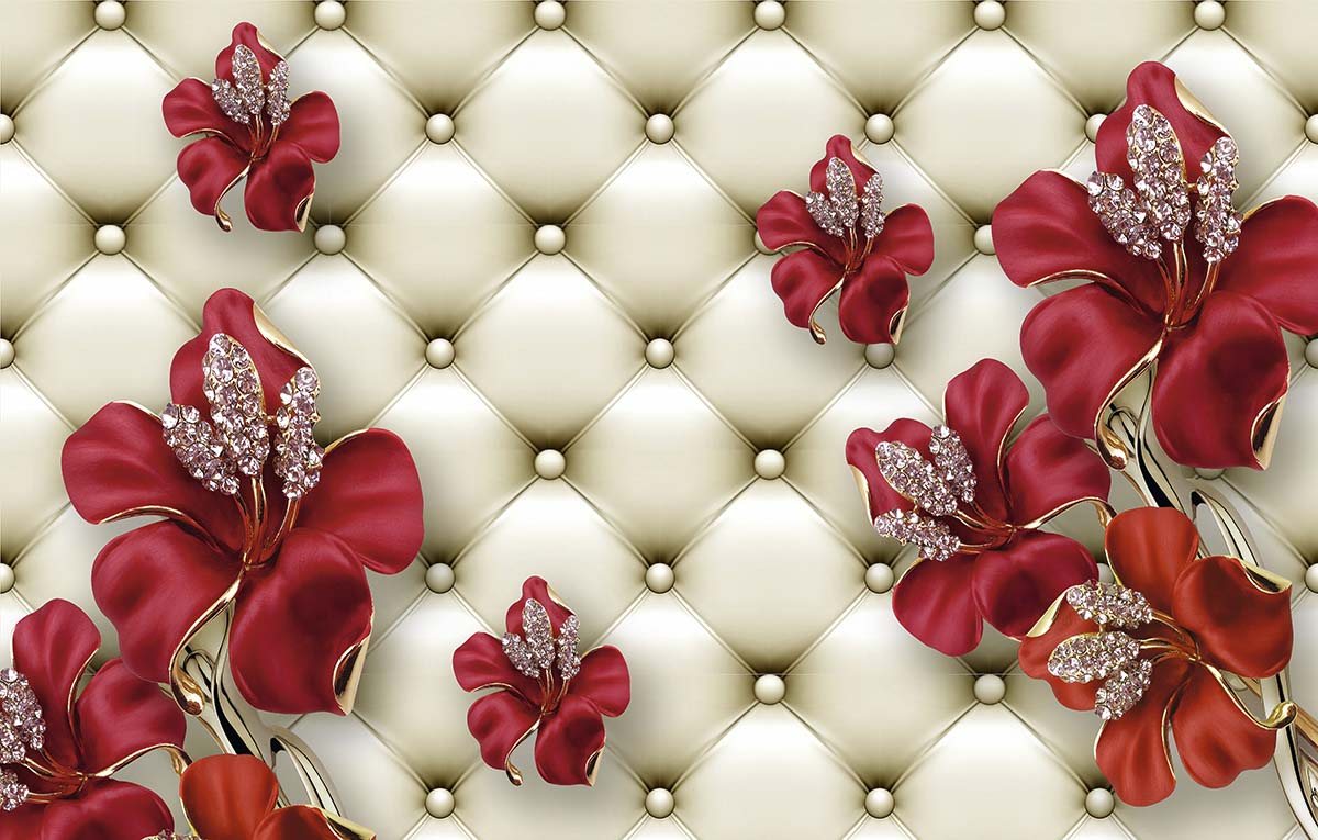 A wallpaper with red flowers and diamonds