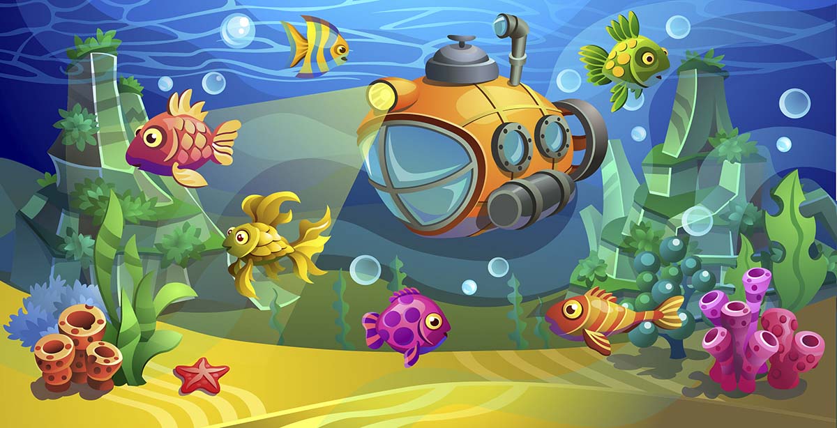 A cartoon submarine and fish