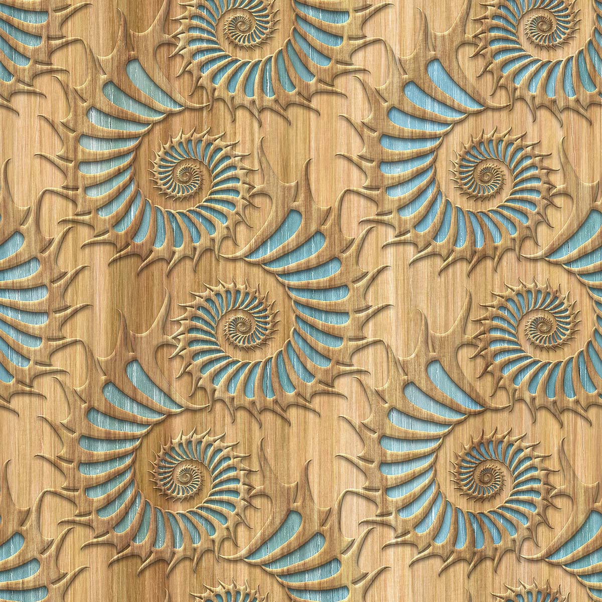 A wood panel with blue swirls