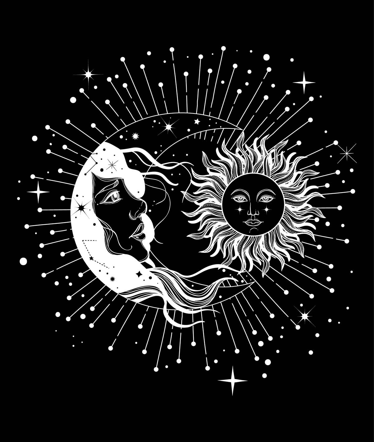 A sun and moon with stars