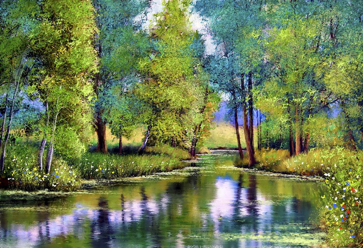 A river with trees and grass