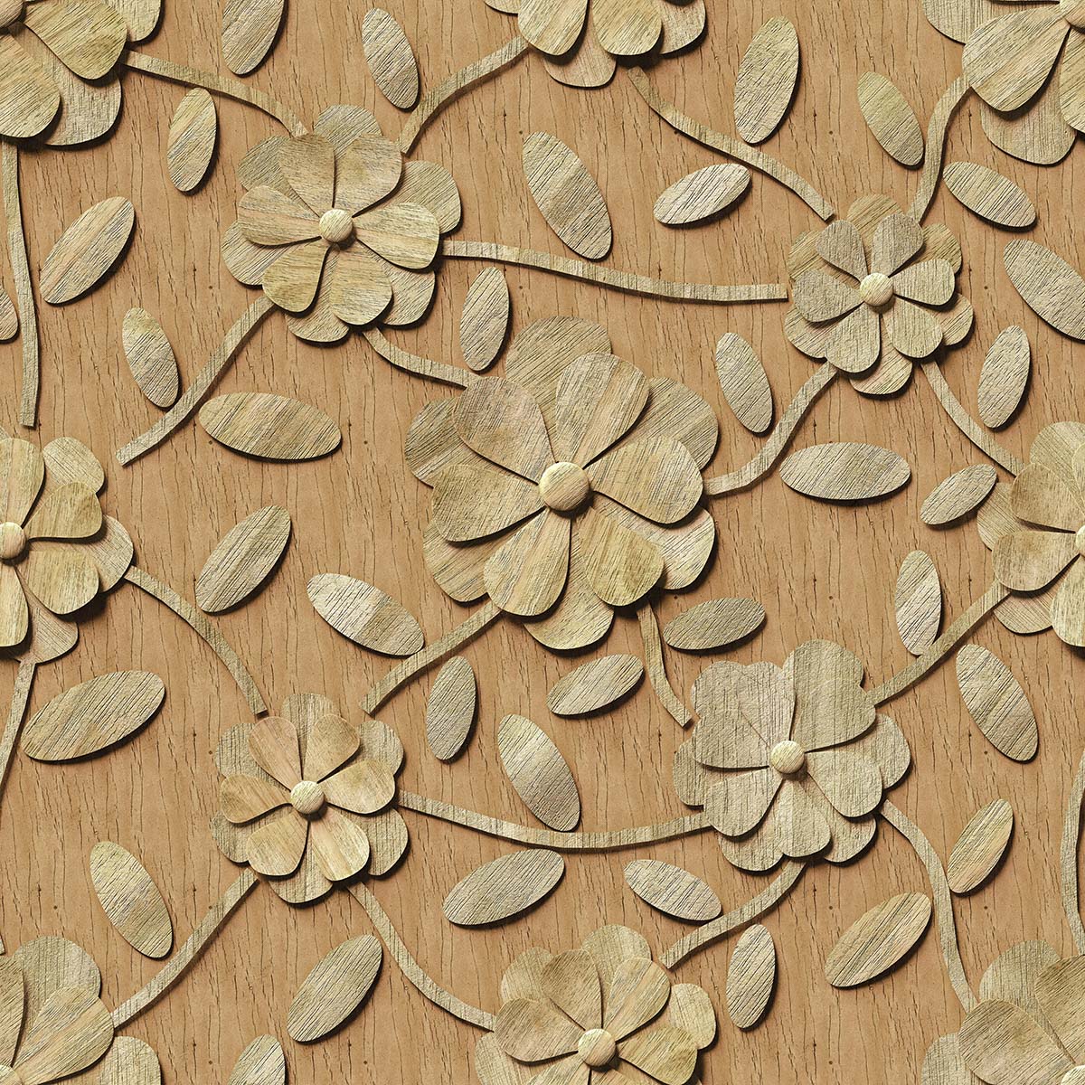 A wood carving of flowers and leaves
