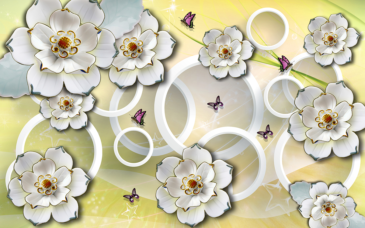 A wallpaper with white flowers and butterflies