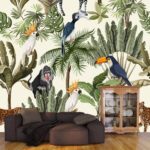 A wallpaper with tropical plants and birds