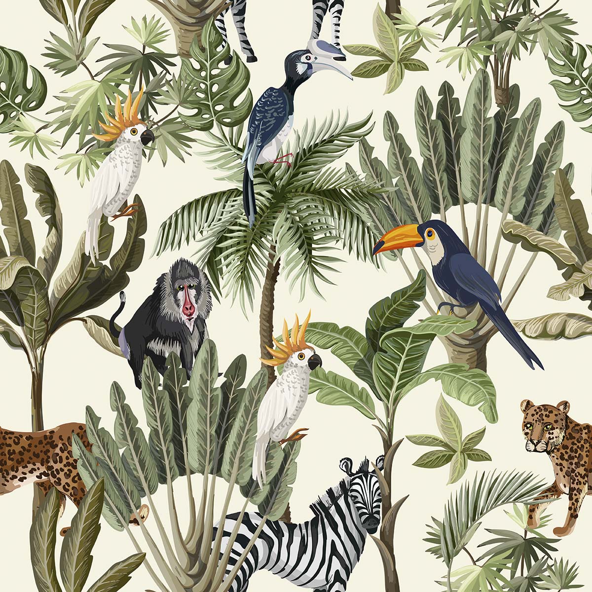 A wallpaper with tropical plants and birds