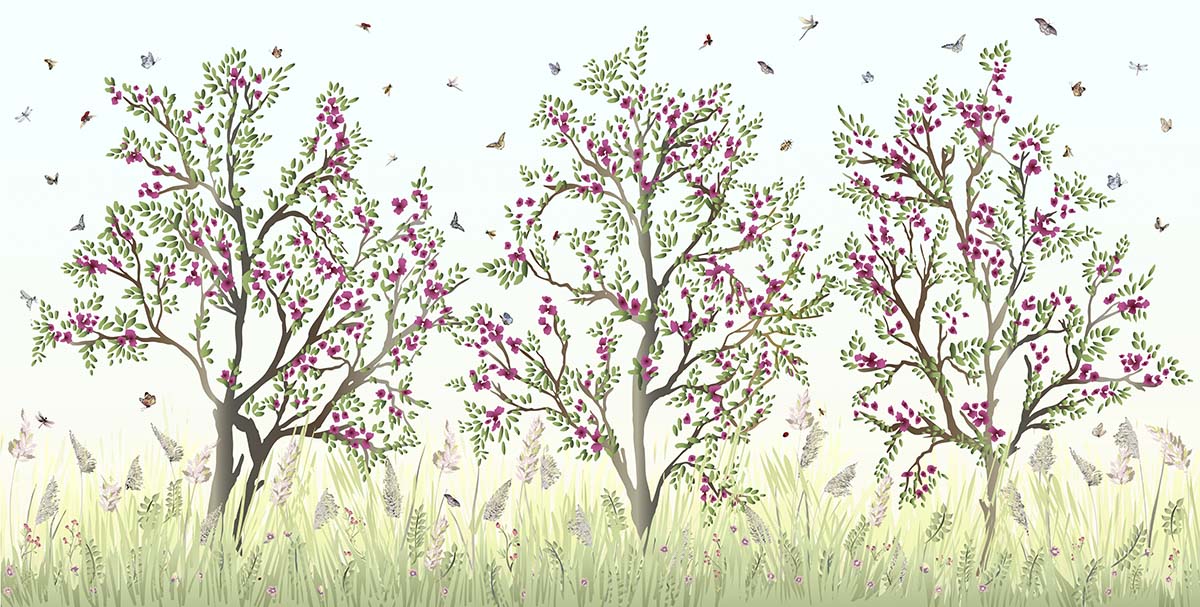 A group of trees with pink flowers and grass