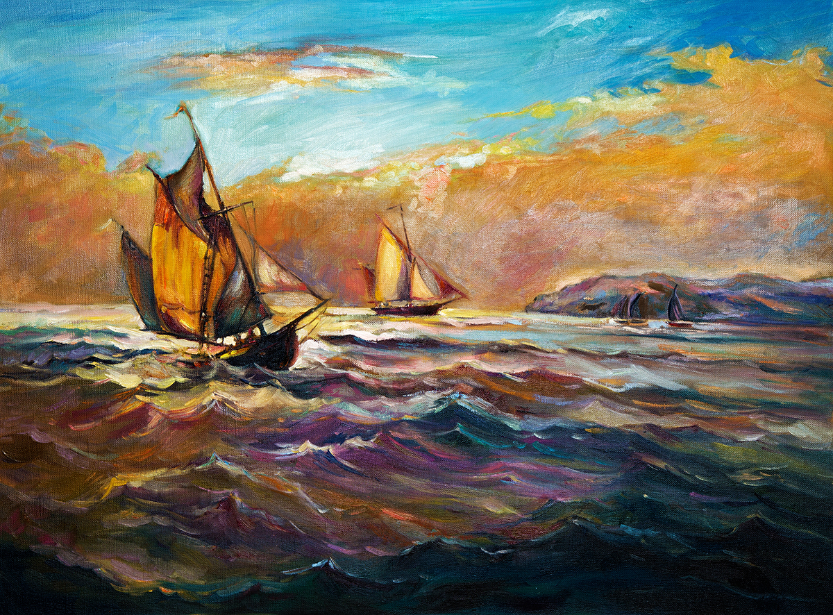 A painting of sailboats on the water