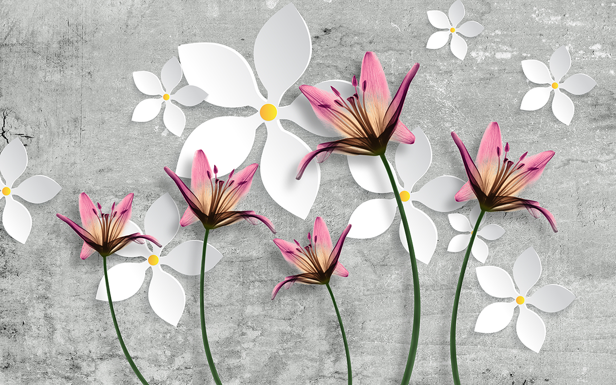 A group of pink flowers and white flowers