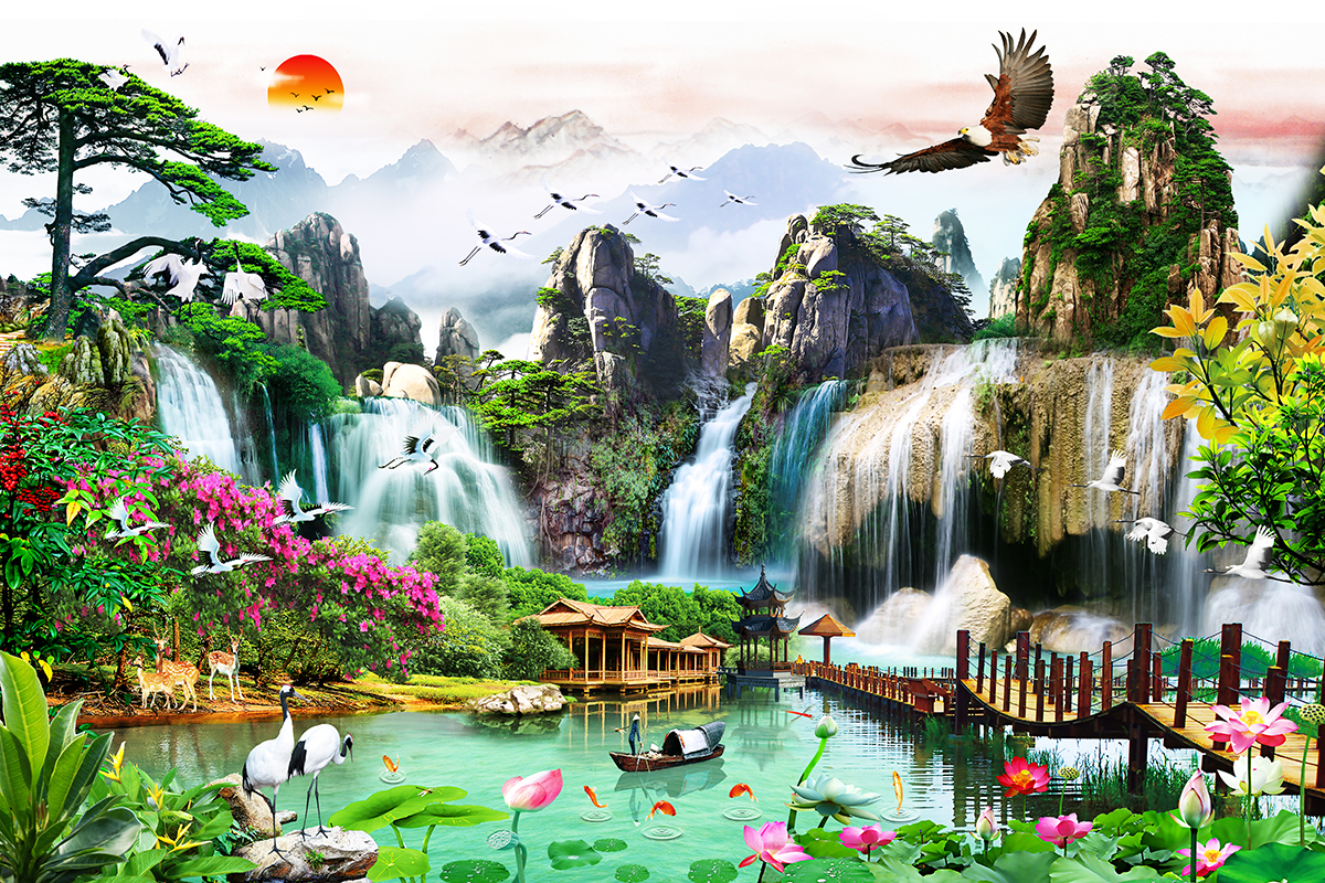 A waterfall with a bridge and birds