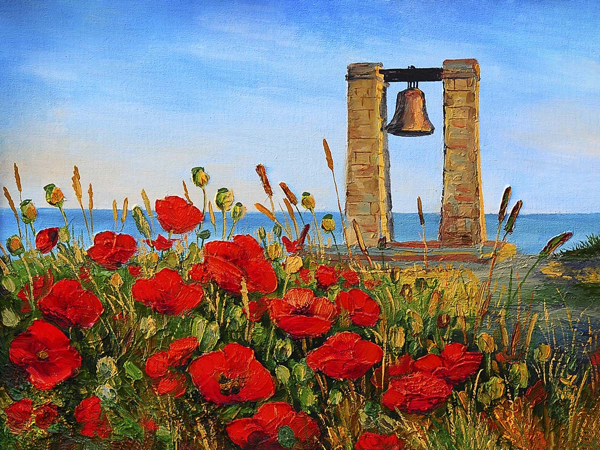 A painting of flowers and a bell