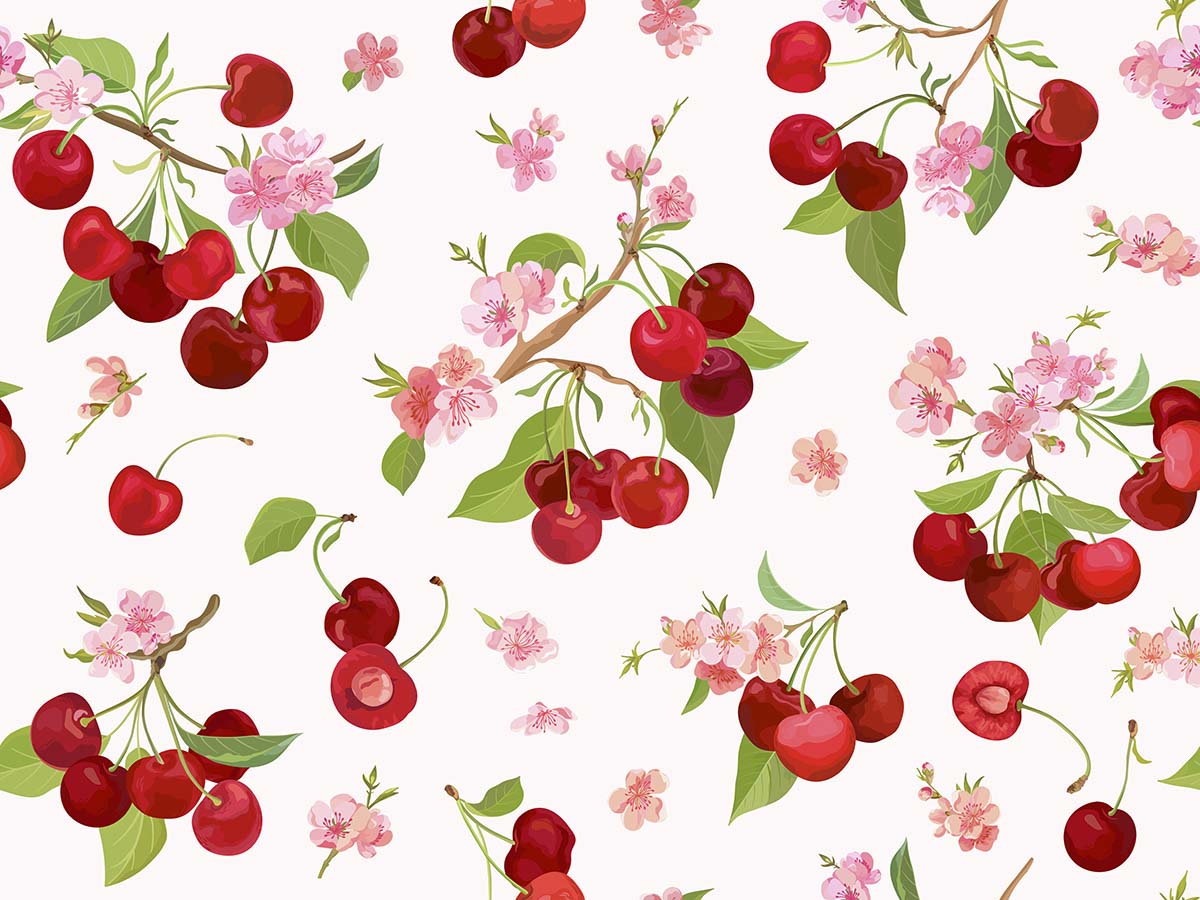 A pattern of cherry blossoms and cherries