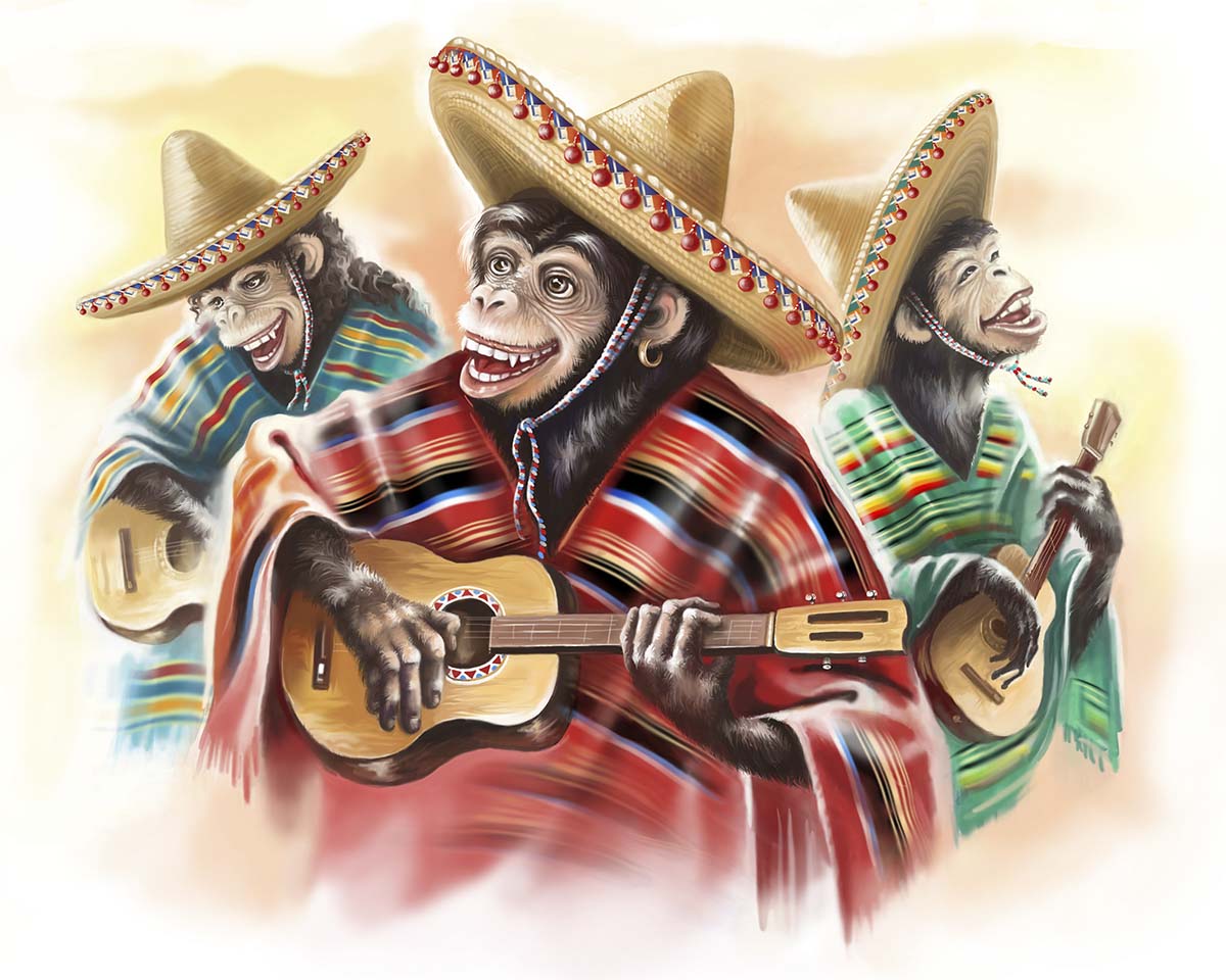 A group of monkeys wearing sombrero playing instruments