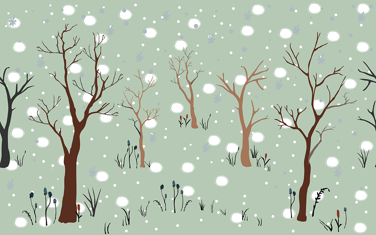 A drawing of trees and snow