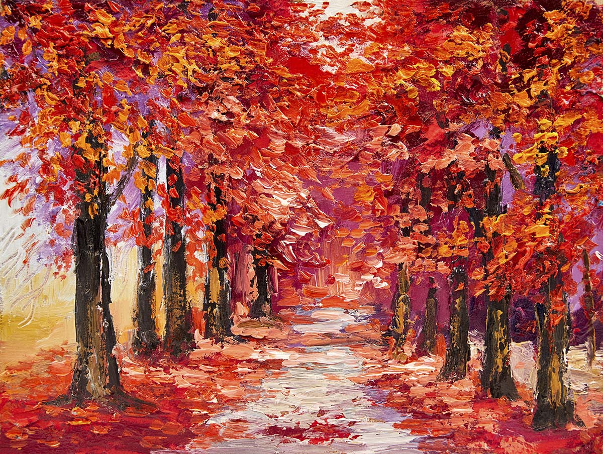 A painting of a path with red leaves