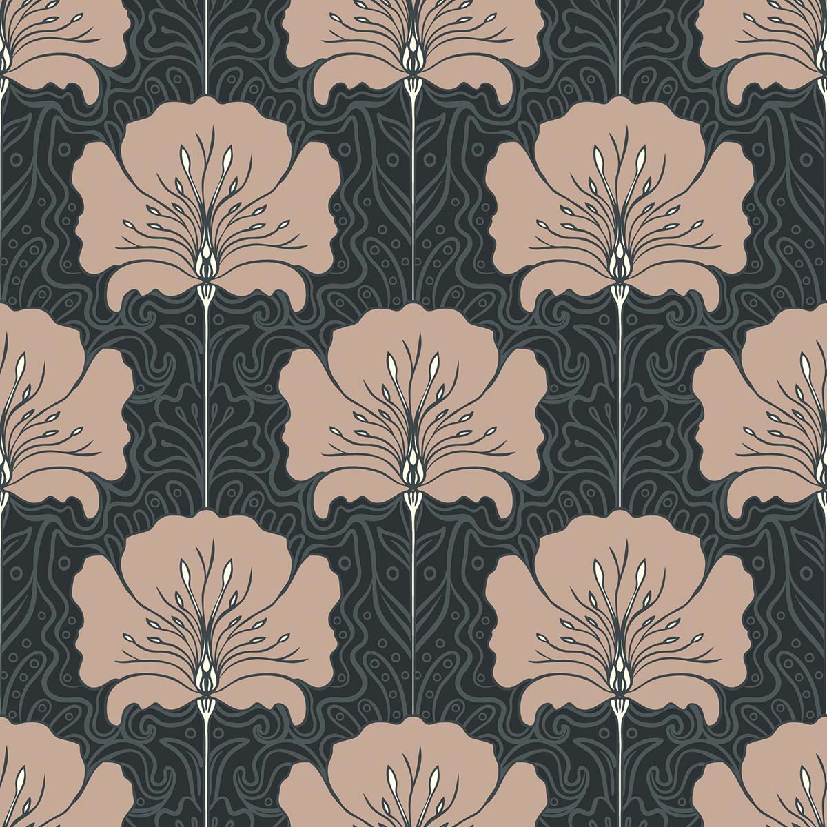 A pattern of flowers on a black background